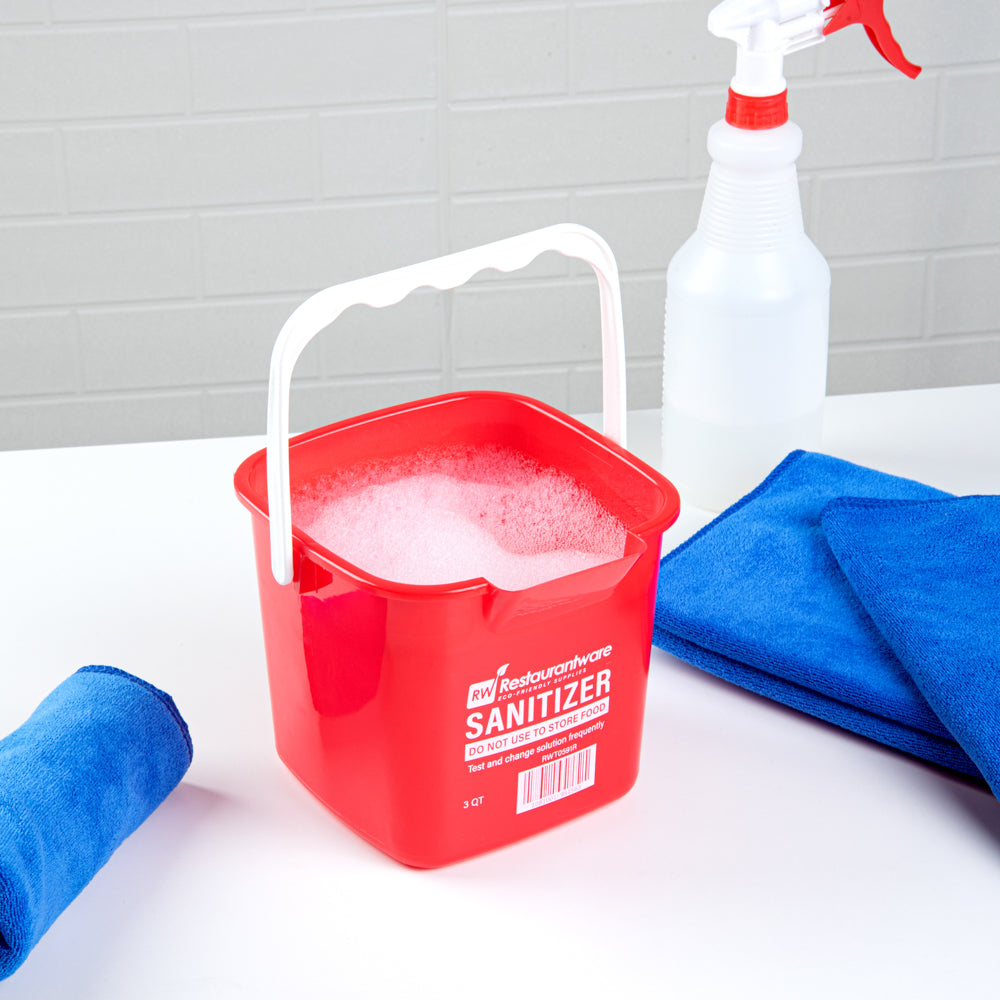 RW Clean 3 Qt Square Red Plastic Sanitizing Bucket - with Plastic Handle - 7" x 6 3/4" x 6" - 10 count box