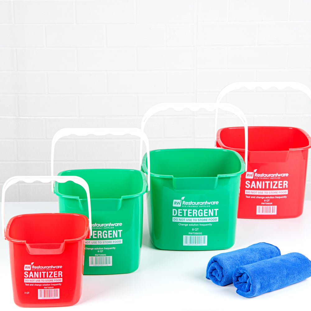 RW Clean 3 Qt Square Red Plastic Sanitizing Bucket - with Plastic Handle - 7" x 6 3/4" x 6" - 10 count box