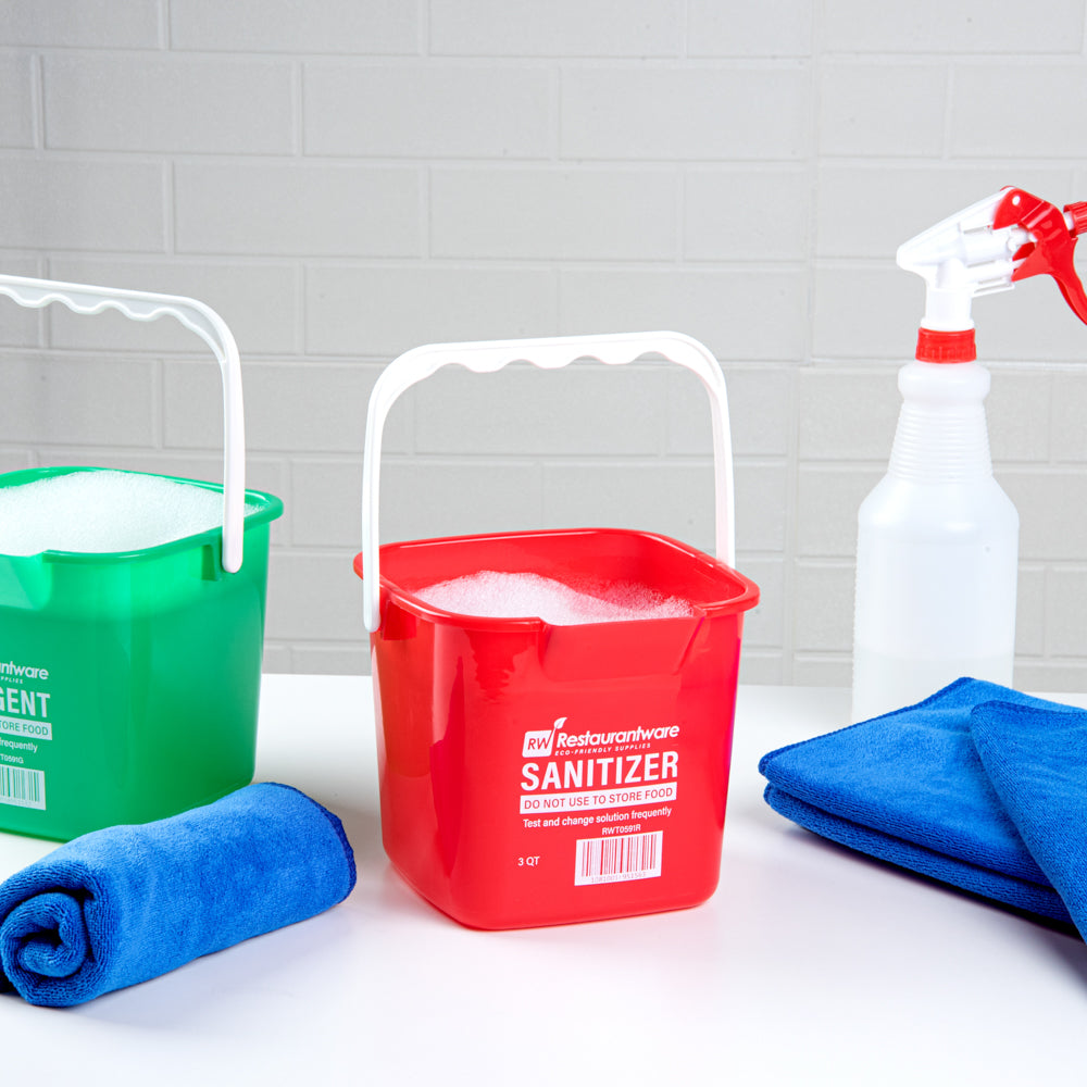 RW Clean 3 Qt Square Red Plastic Sanitizing Bucket - with Plastic Handle - 7" x 6 3/4" x 6" - 1 count box