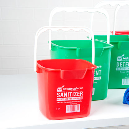 RW Clean 3 Qt Square Red Plastic Sanitizing Bucket - with Plastic Handle - 7" x 6 3/4" x 6" - 1 count box