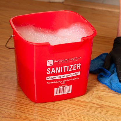 RW Clean 6 Qt Square Red Plastic Sanitizing Bucket - with Stainless Steel Handle - 8 1/2" x 8 1/2" x 7 1/4" - 10 count box