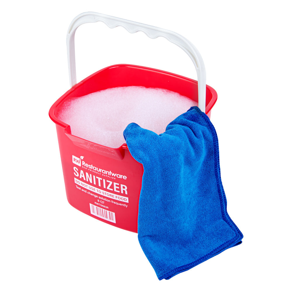 RW Clean 8 Qt Square Red Plastic Sanitizing Bucket - with Plastic Handle - 9 3/4" x 9 3/4" x 7 1/2" - 10 count box