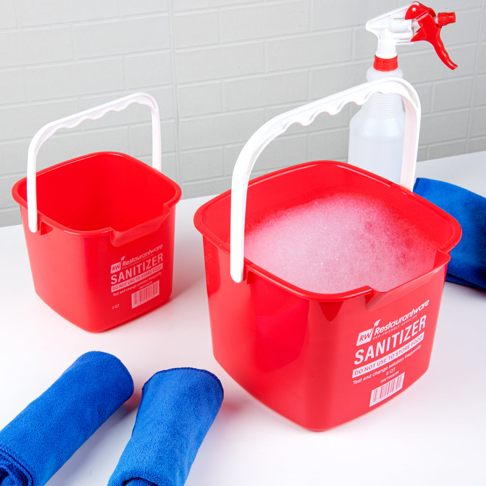 RW Clean 8 Qt Square Red Plastic Sanitizing Bucket - with Plastic Handle - 9 3/4" x 9 3/4" x 7 1/2" - 10 count box