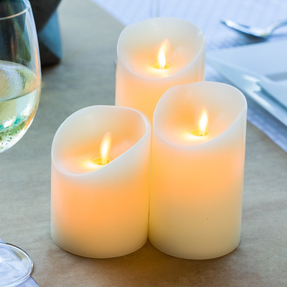 Fire Tek Ivory Plastic Flameless Pillar Candle - Real Wax, Programmable - 3 1/4" x 3 1/4" x 4" - 10 count box