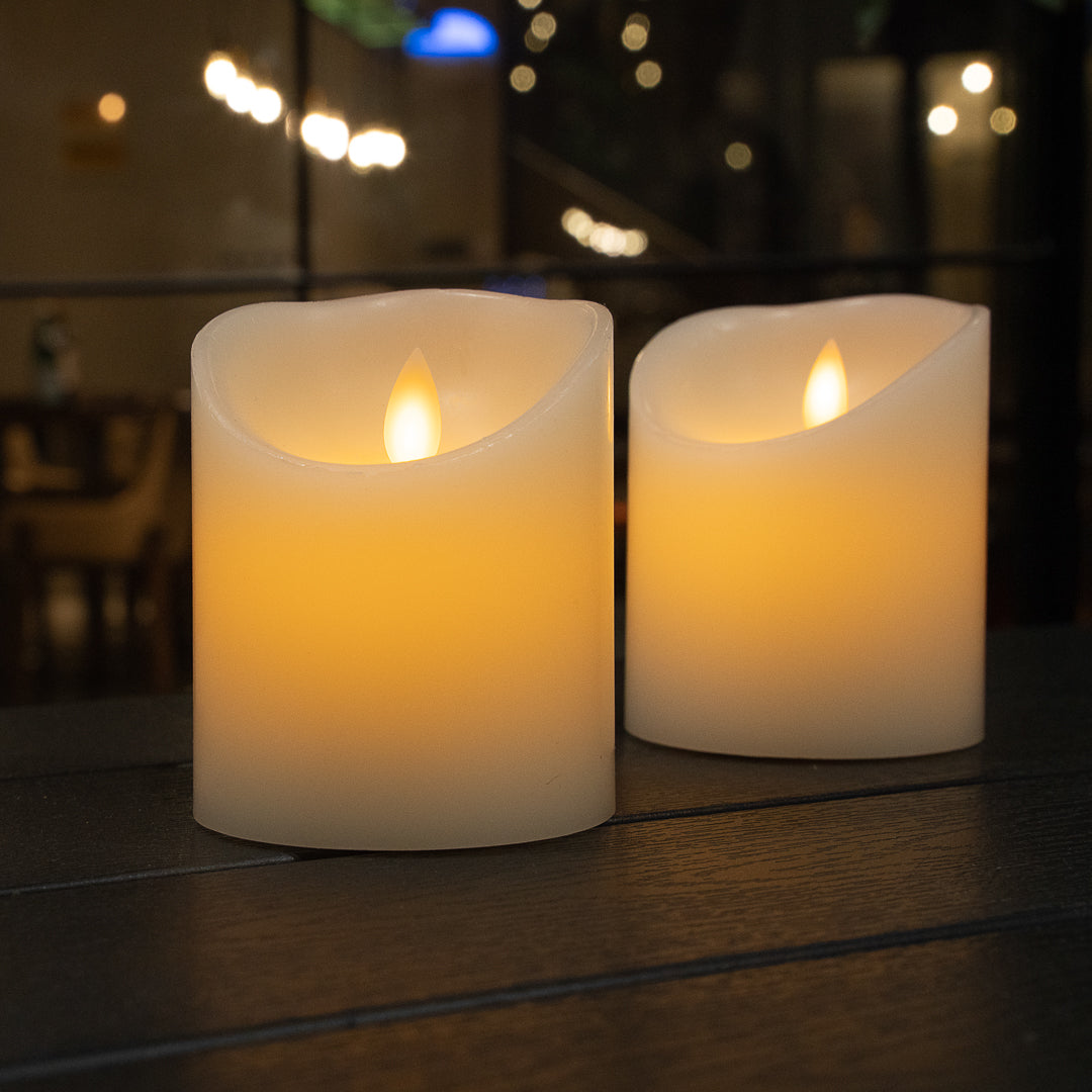 Fire Tek White Plastic Flameless Pillar Candle - Real Wax, Programmable - 3 1/4" x 3 1/4" x 4" - 10 count box