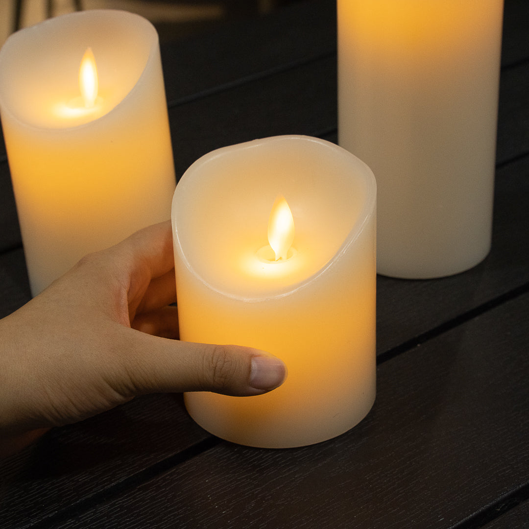 Fire Tek White Plastic Flameless Pillar Candle - Real Wax, Programmable - 3 1/4" x 3 1/4" x 4" - 10 count box