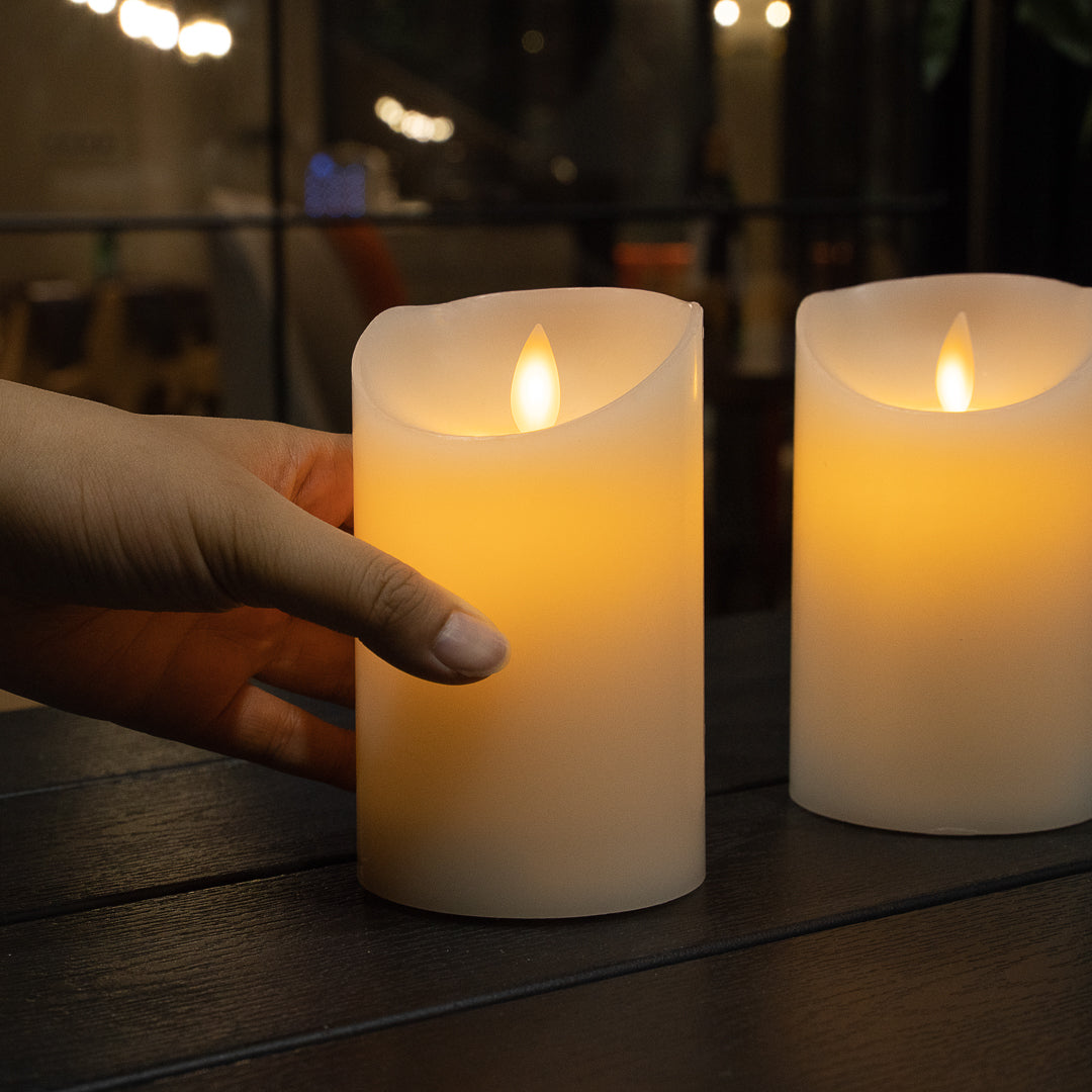 Fire Tek White Plastic Flameless Pillar Candle - Real Wax, Programmable - 3" x 3" x 5" - 10 count box