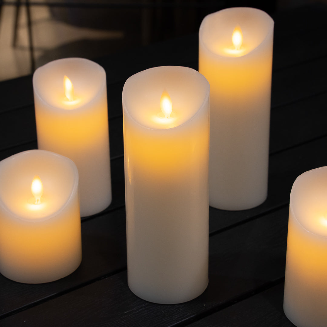Fire Tek White Plastic Flameless Pillar Candle - Real Wax, Programmable - 3" x 3" x 8" - 10 count box