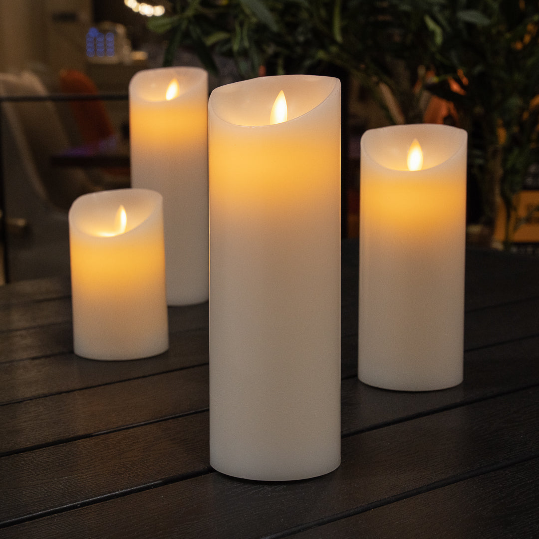Fire Tek White Plastic Flameless Pillar Candle - Real Wax, Programmable - 3" x 3" x 8 3/4" - 10 count box