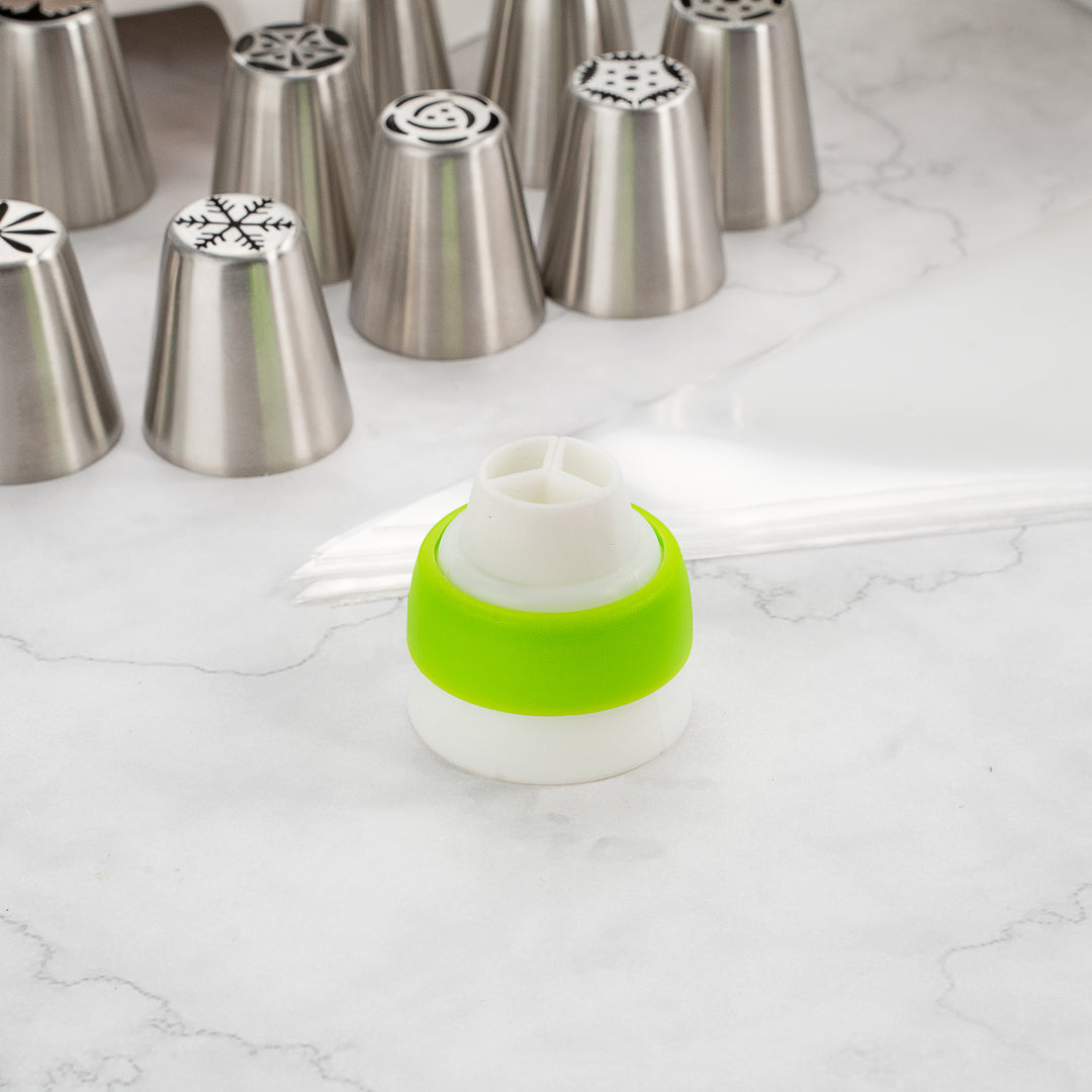 Pastry Tek Round White Plastic Tri-Color Russian Piping Tip Coupler - 1 count box