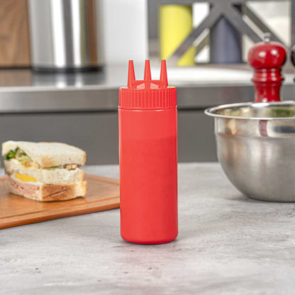 Sauce Tek 12 oz Red Plastic Ketchup Squeeze Bottle - with Triple Dispersion Tip - 6 count box