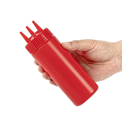 Sauce Tek 12 oz Red Plastic Ketchup Squeeze Bottle - with Triple Dispersion Tip - 6 count box