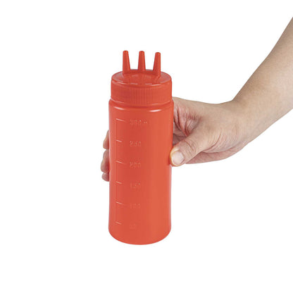 Sauce Tek 12 oz Red Plastic Ketchup Squeeze Bottle - with Triple Dispersion Tip - 6 count box