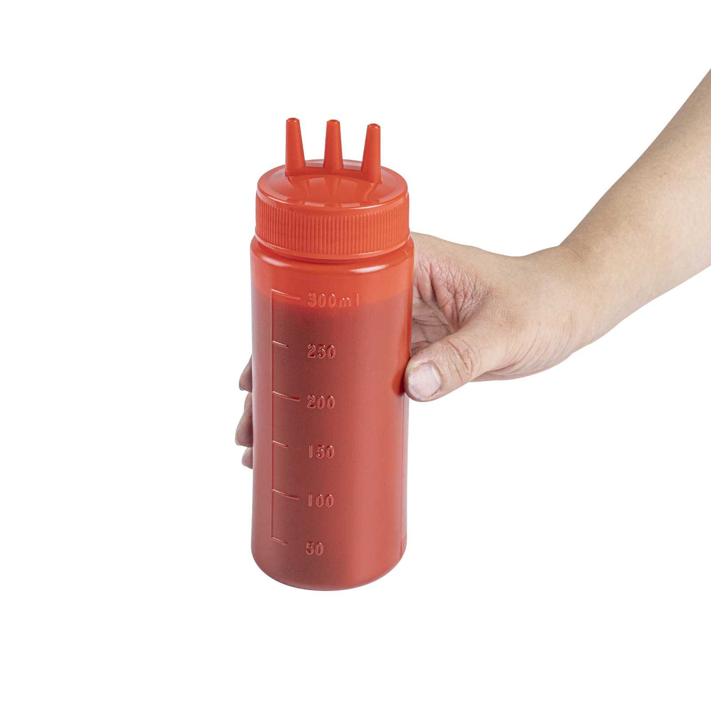 Sauce Tek 12 oz Red Plastic Ketchup Squeeze Bottle - with Triple Dispersion Tip - 6 count box