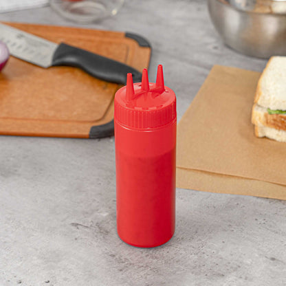 Sauce Tek 12 oz Red Plastic Ketchup Squeeze Bottle - with Triple Dispersion Tip - 6 count box