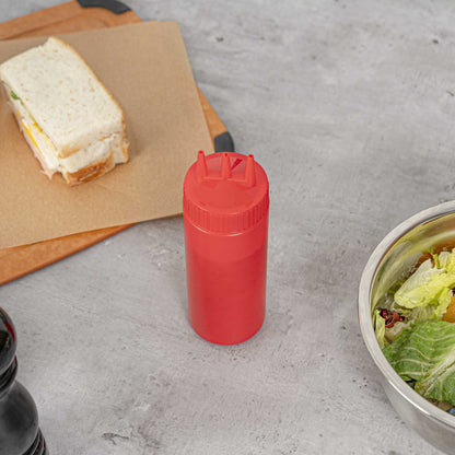 Sauce Tek 12 oz Red Plastic Ketchup Squeeze Bottle - with Triple Dispersion Tip - 6 count box