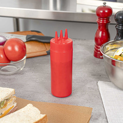 Sauce Tek 12 oz Red Plastic Ketchup Squeeze Bottle - with Triple Dispersion Tip - 6 count box