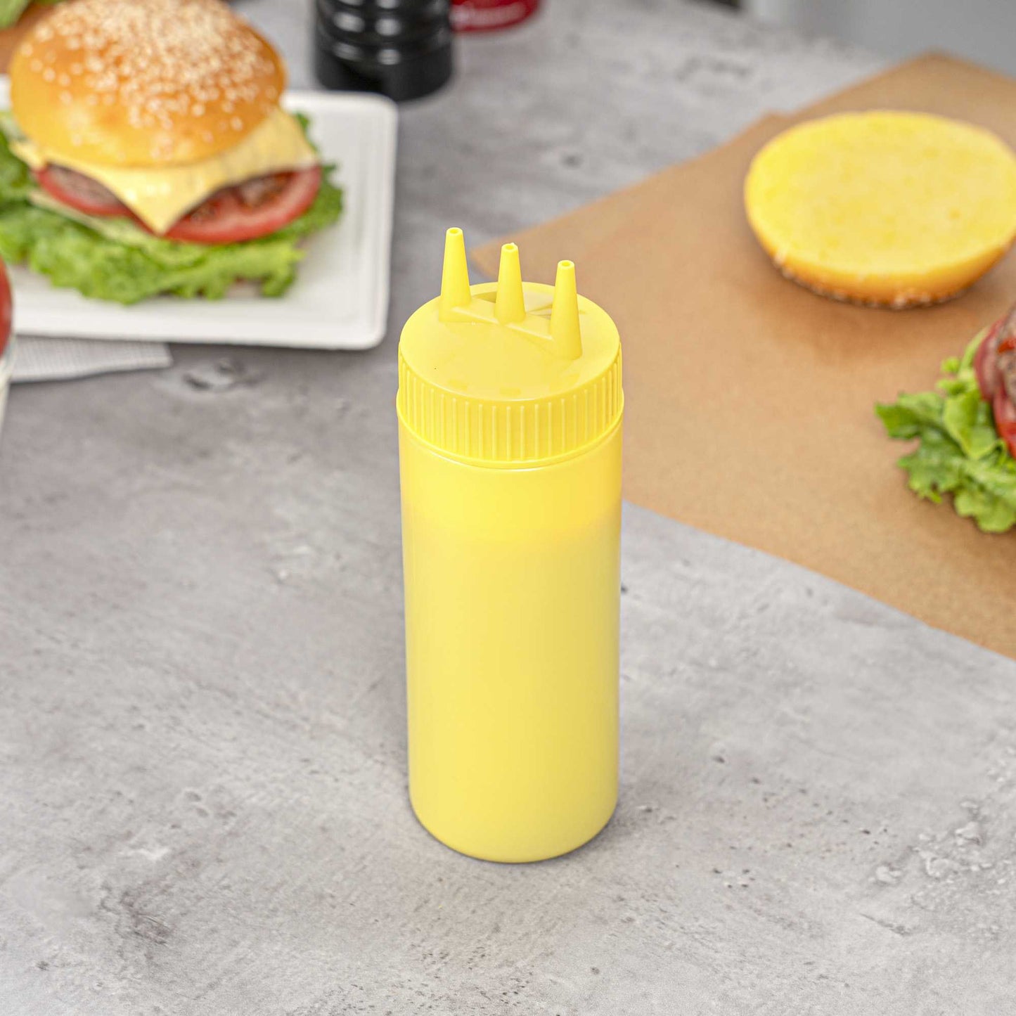 Sauce Tek 12 oz Yellow Plastic Mustard Squeeze Bottle - with Triple Dispersion Tip - 6 count box