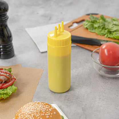 Sauce Tek 12 oz Yellow Plastic Mustard Squeeze Bottle - with Triple Dispersion Tip - 6 count box