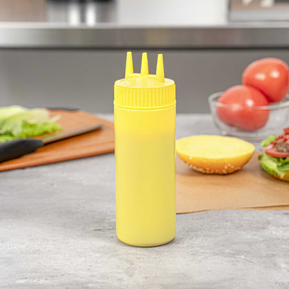 Sauce Tek 12 oz Yellow Plastic Mustard Squeeze Bottle - with Triple Dispersion Tip - 6 count box