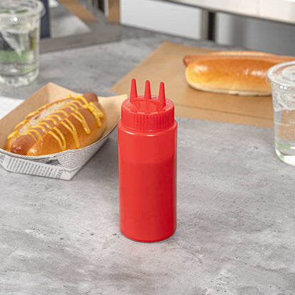 Sauce Tek 16 oz Red Plastic Ketchup Squeeze Bottle - with Triple Dispersion Tip - 6 count box