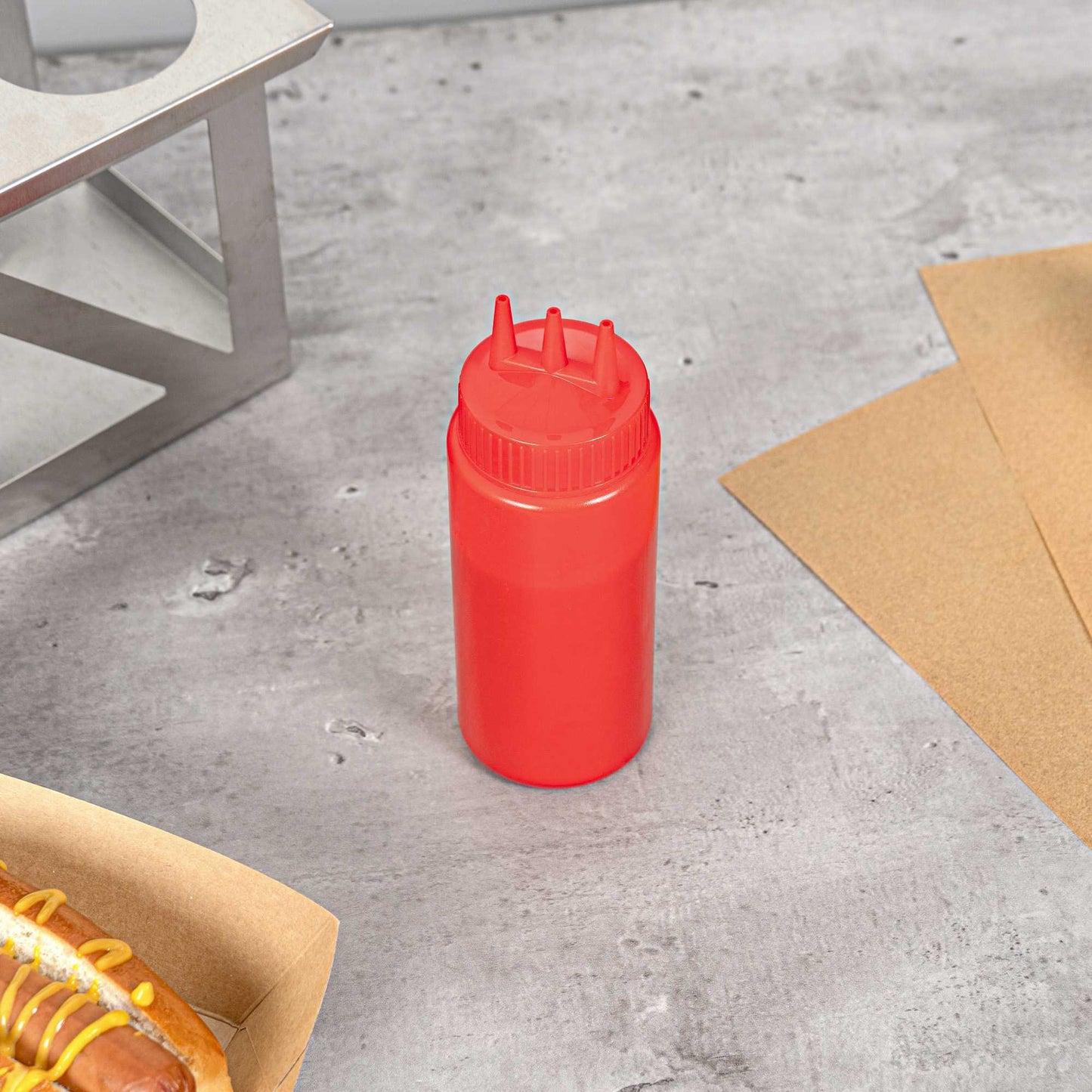 Sauce Tek 16 oz Red Plastic Ketchup Squeeze Bottle - with Triple Dispersion Tip - 6 count box