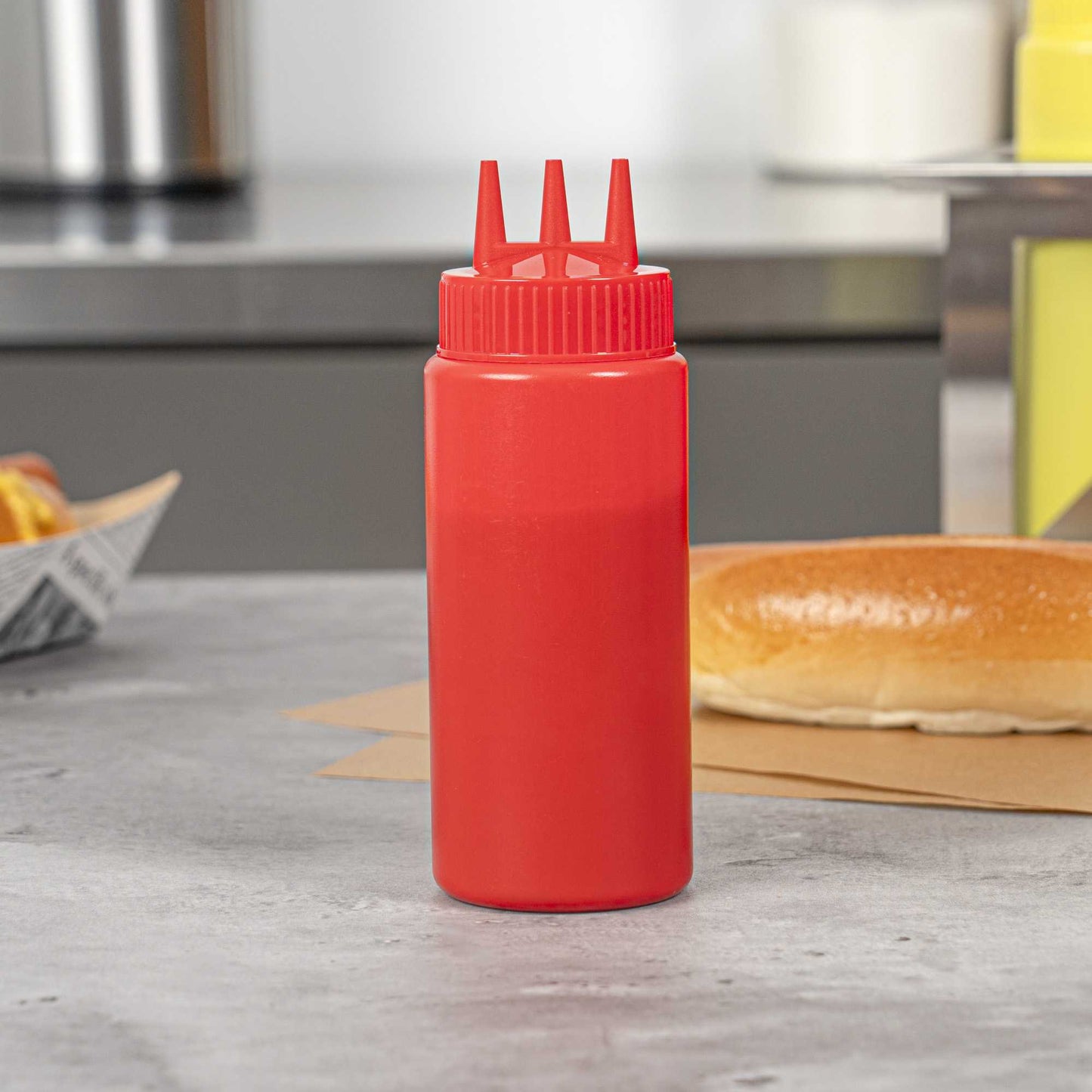 Sauce Tek 16 oz Red Plastic Ketchup Squeeze Bottle - with Triple Dispersion Tip - 6 count box