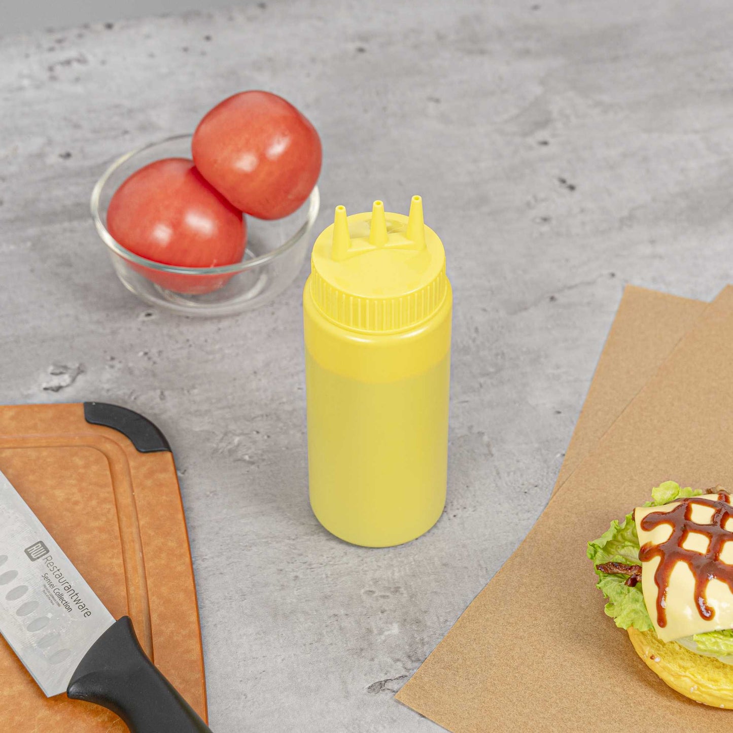 Sauce Tek 16 oz Yellow Plastic Mustard Squeeze Bottle - with Triple Dispersion Tip - 6 count box