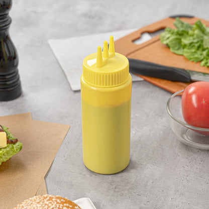 Sauce Tek 16 oz Yellow Plastic Mustard Squeeze Bottle - with Triple Dispersion Tip - 6 count box