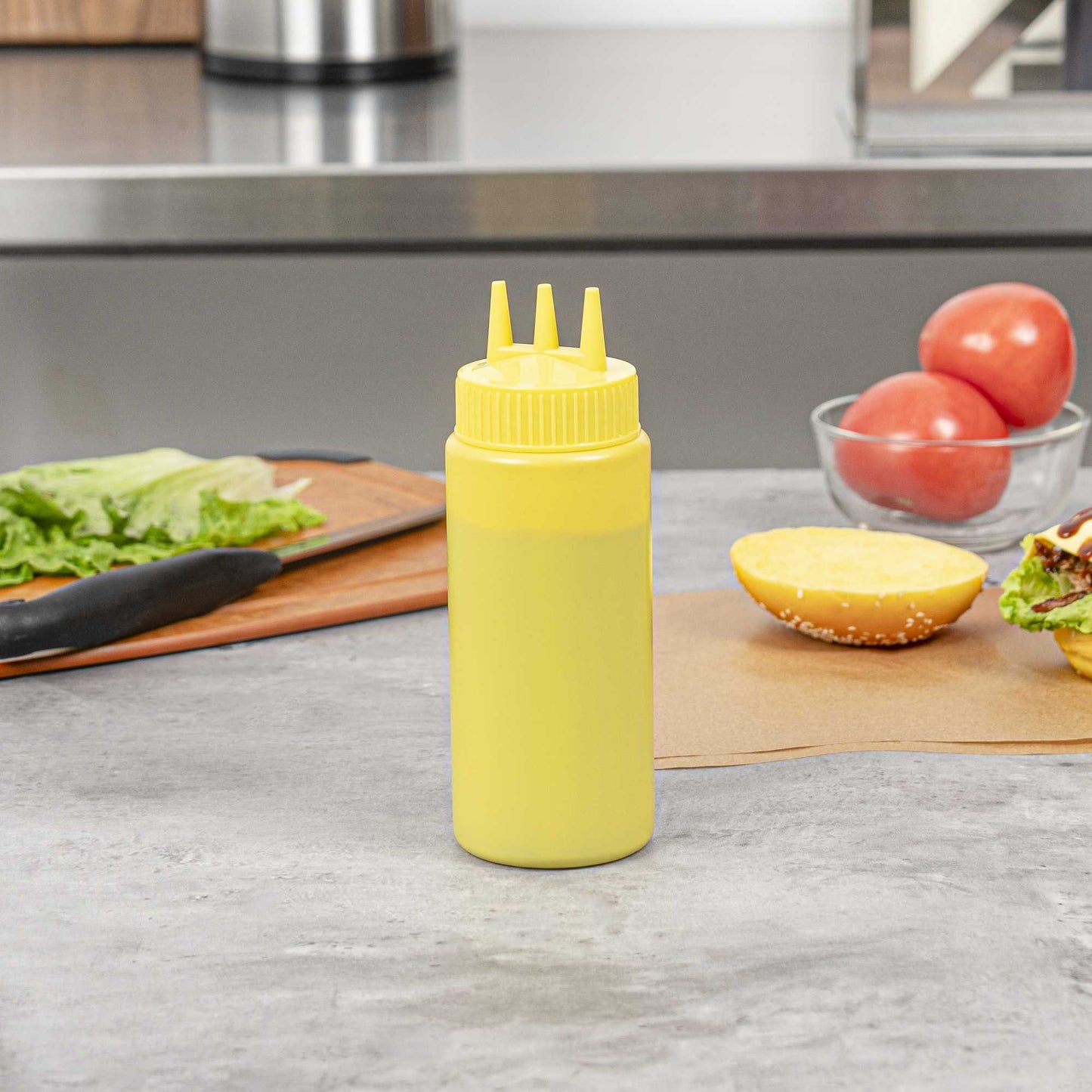 Sauce Tek 16 oz Yellow Plastic Mustard Squeeze Bottle - with Triple Dispersion Tip - 6 count box