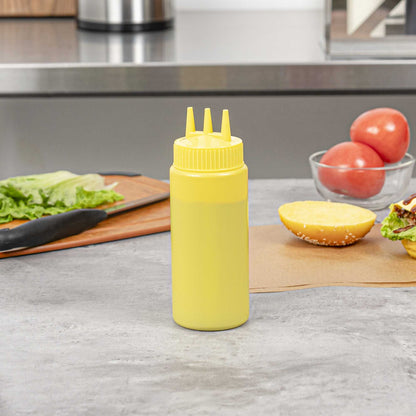 Sauce Tek 16 oz Yellow Plastic Mustard Squeeze Bottle - with Triple Dispersion Tip - 6 count box
