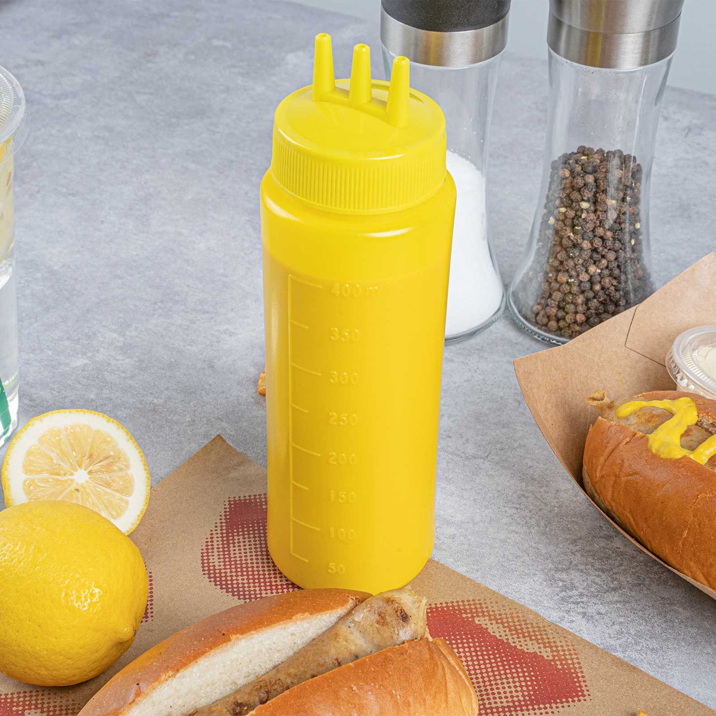 Sauce Tek 16 oz Yellow Plastic Mustard Squeeze Bottle - with Triple Dispersion Tip - 6 count box