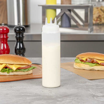 Sauce Tek 24 oz Clear Plastic All-Purpose Squeeze Bottle - with Triple Dispersion Tip - 6 count box
