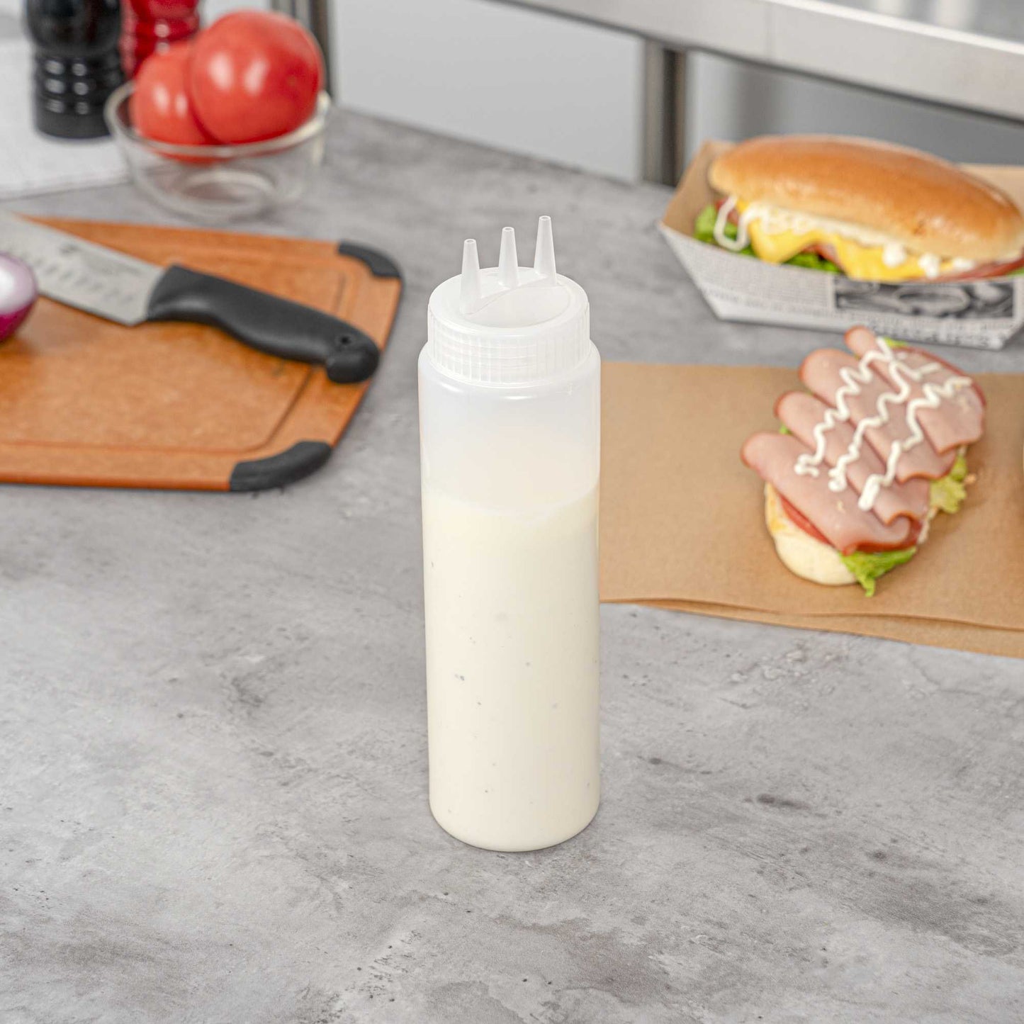 Sauce Tek 24 oz Clear Plastic All-Purpose Squeeze Bottle - with Triple Dispersion Tip - 6 count box