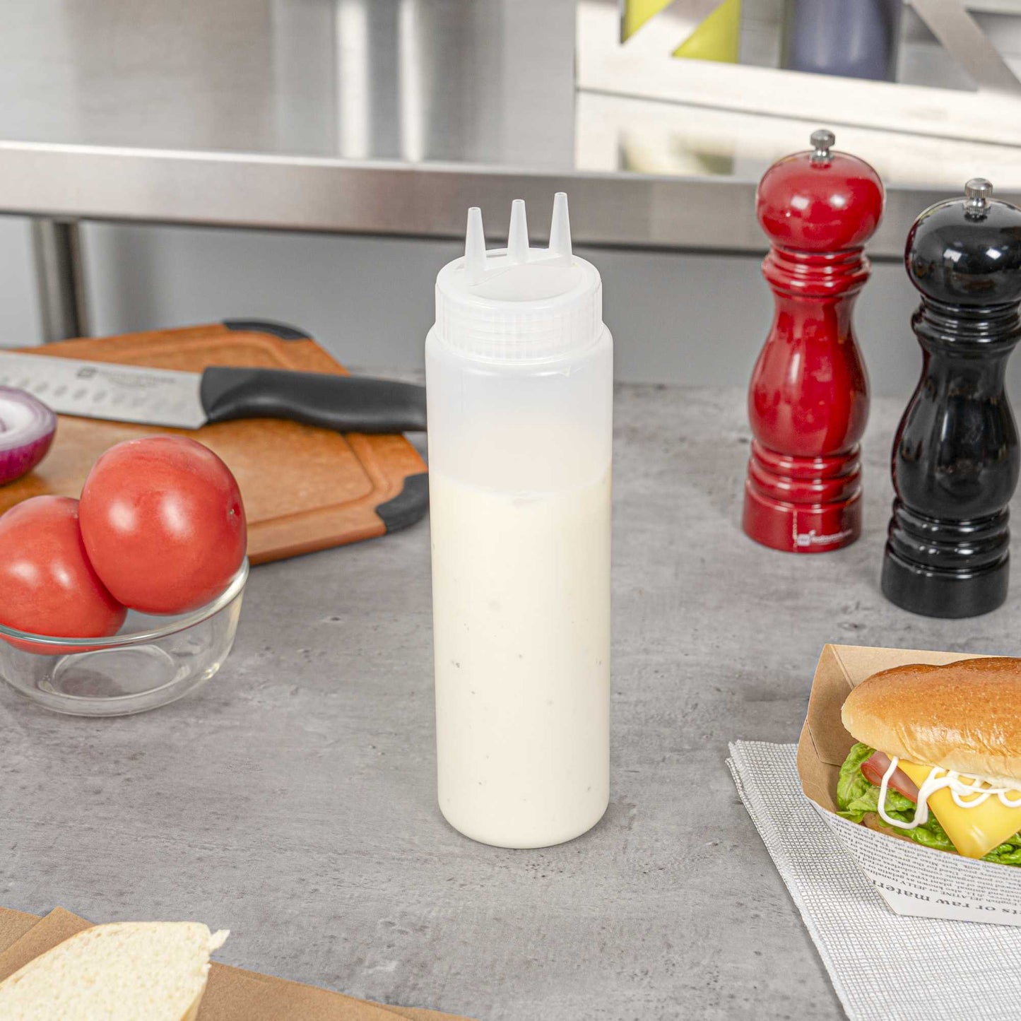 Sauce Tek 24 oz Clear Plastic All-Purpose Squeeze Bottle - with Triple Dispersion Tip - 6 count box