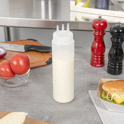 Sauce Tek 24 oz Clear Plastic All-Purpose Squeeze Bottle - with Triple Dispersion Tip - 6 count box
