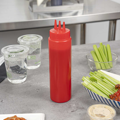 Sauce Tek 24 oz Red Plastic Ketchup Squeeze Bottle - with Triple Dispersion Tip - 6 count box