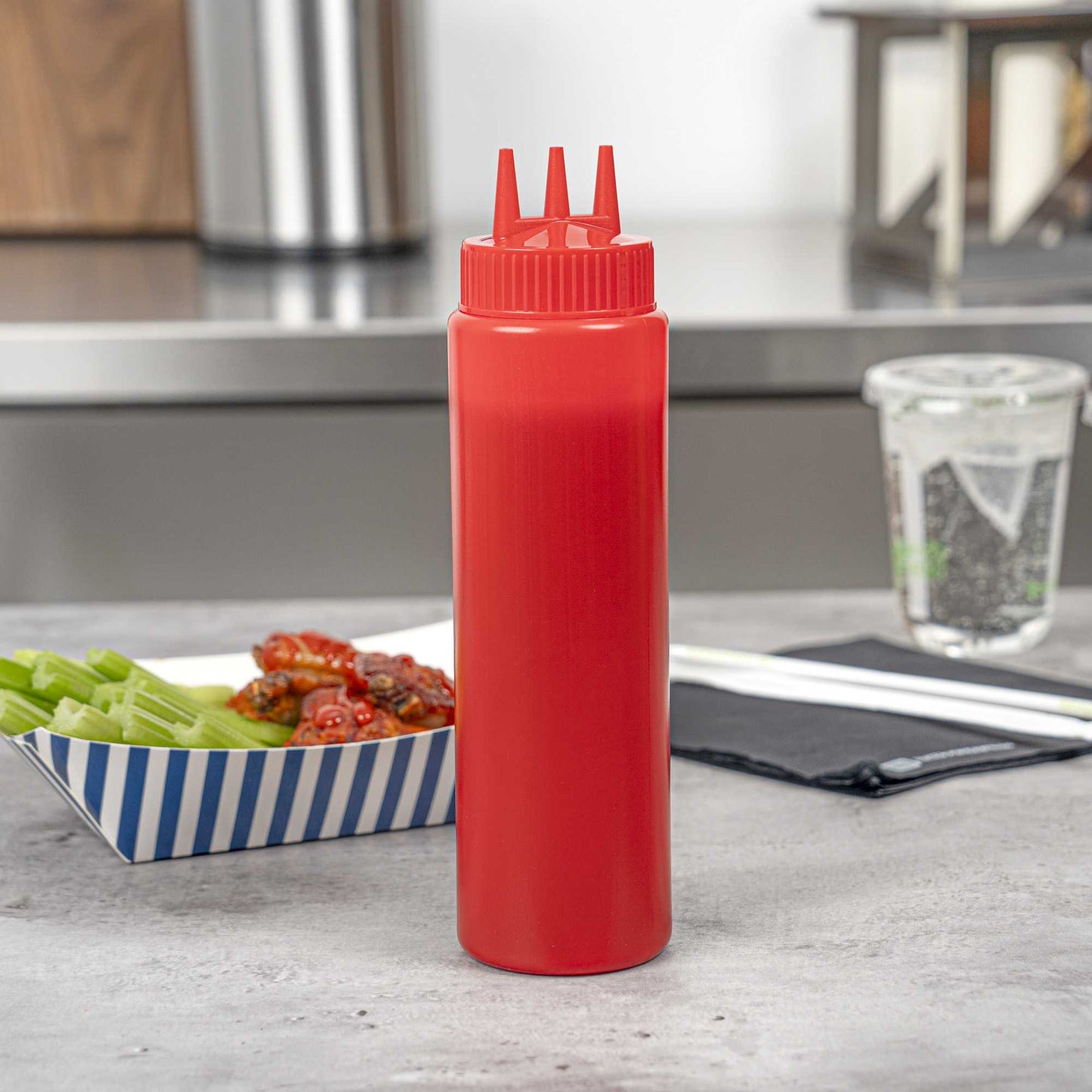 Sauce Tek 24 oz Red Plastic Ketchup Squeeze Bottle - with Triple Dispersion Tip - 6 count box