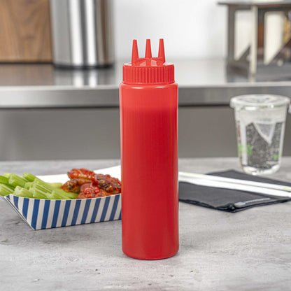 Sauce Tek 24 oz Red Plastic Ketchup Squeeze Bottle - with Triple Dispersion Tip - 6 count box