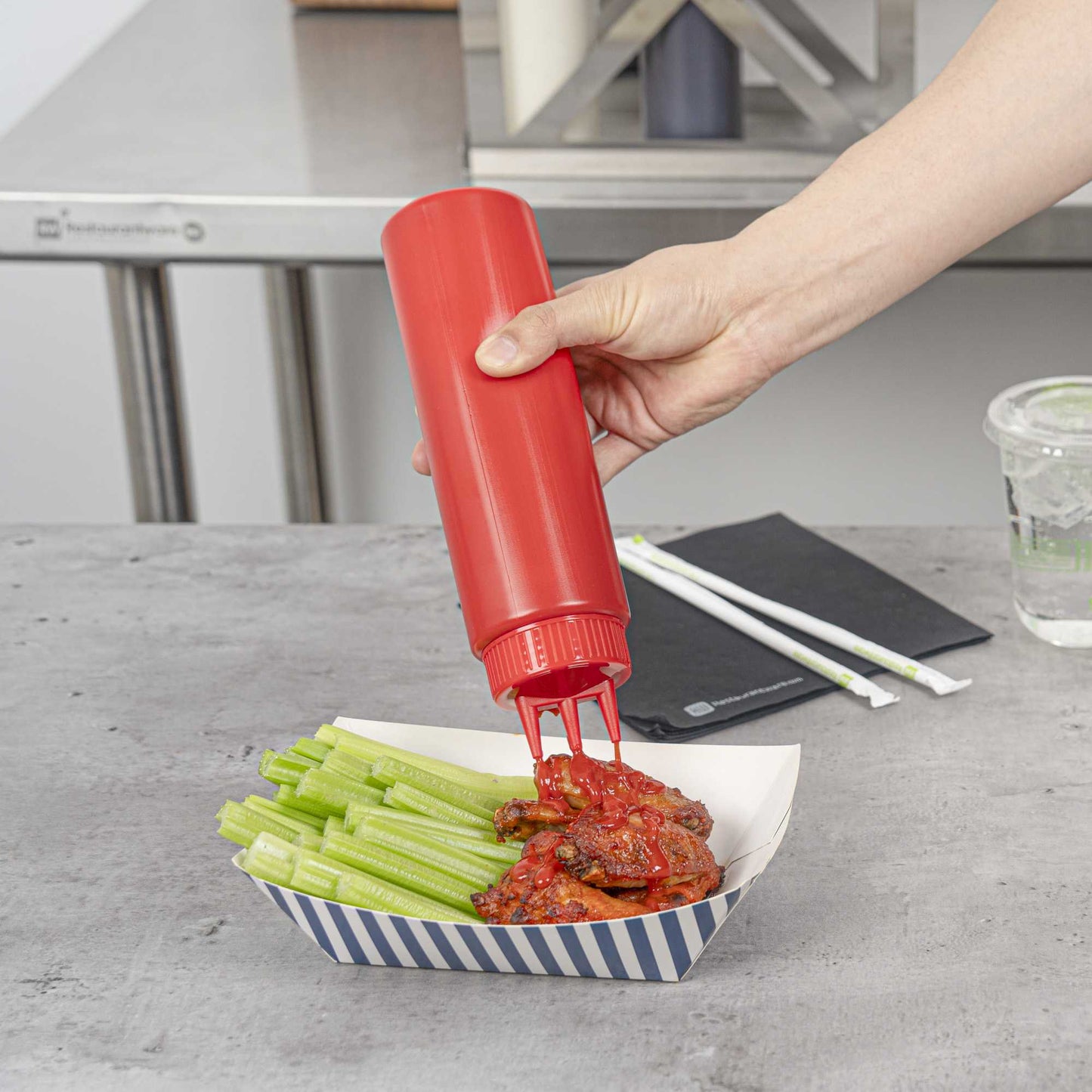 Sauce Tek 24 oz Red Plastic Ketchup Squeeze Bottle - with Triple Dispersion Tip - 6 count box
