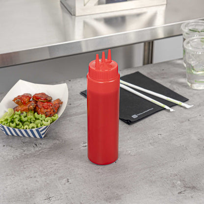 Sauce Tek 24 oz Red Plastic Ketchup Squeeze Bottle - with Triple Dispersion Tip - 6 count box
