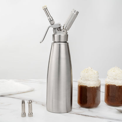 Whip Tek 1L Stainless Steel Professional Whipped Cream Dispenser - with 3 Decorator Tips - 1 count box
