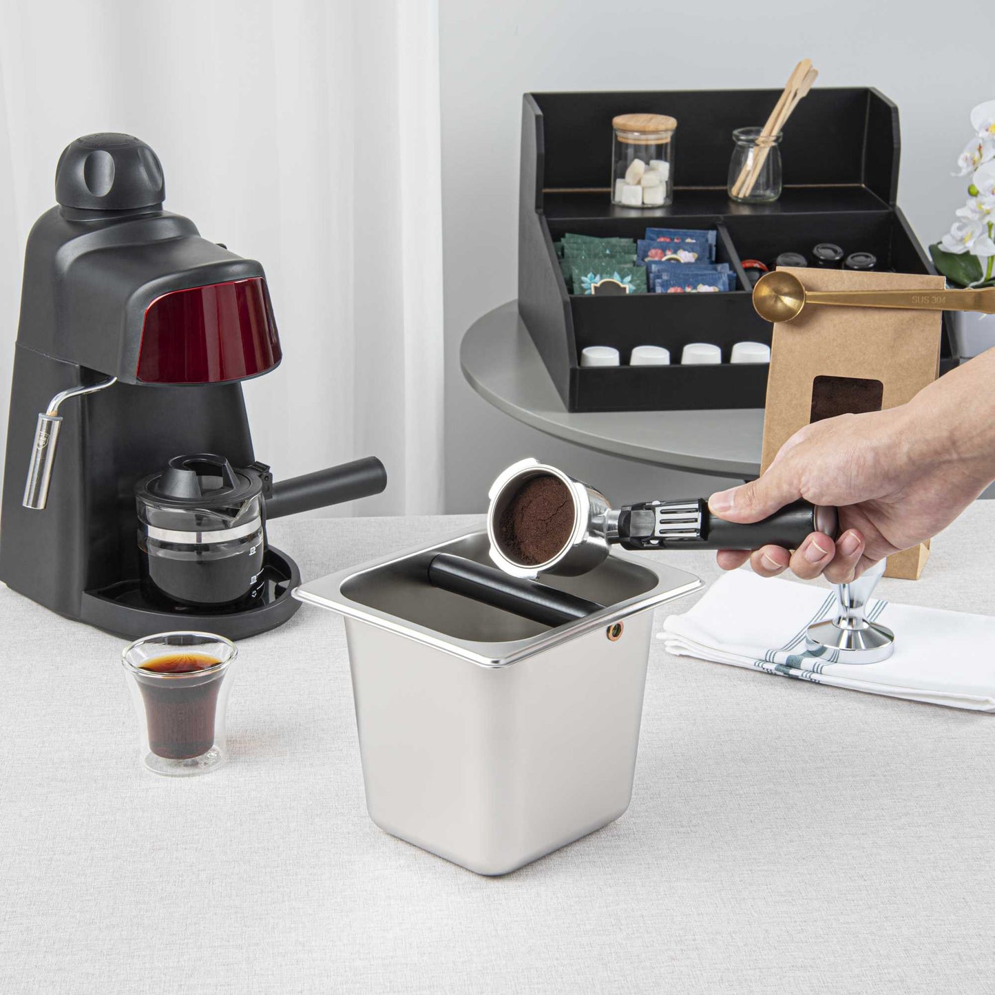 Restpresso Stainless Steel Deep Coffee / Espresso Knock Box - 7" x 6 1/2" x 6" - 1 count box