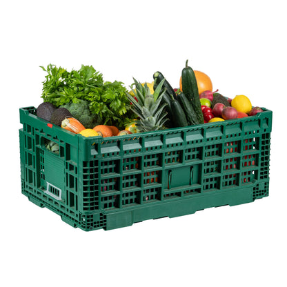 Cater Tek Rectangle Green Plastic 43L Collapsible Milk Crate - Stackable - 23 1/2" x 15 3/4" x 10 1/4" - 1 count box