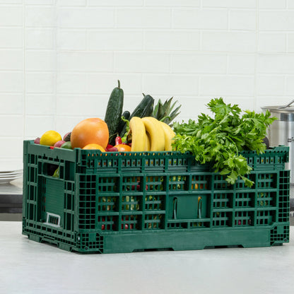 Cater Tek Rectangle Green Plastic 43L Collapsible Milk Crate - Stackable - 23 1/2" x 15 3/4" x 10 1/4" - 1 count box