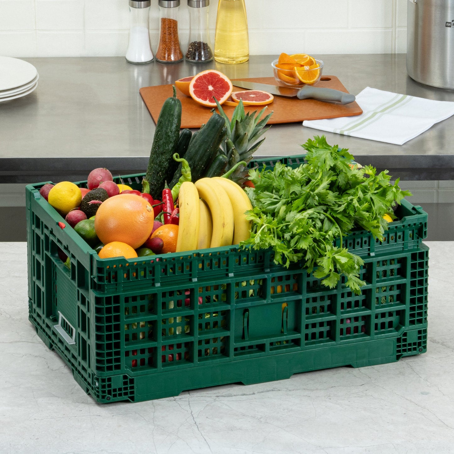 Cater Tek Rectangle Green Plastic 43L Collapsible Milk Crate - Stackable - 23 1/2" x 15 3/4" x 10 1/4" - 1 count box