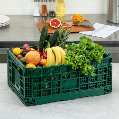 Cater Tek Rectangle Green Plastic 43L Collapsible Milk Crate - Stackable - 23 1/2" x 15 3/4" x 10 1/4" - 1 count box