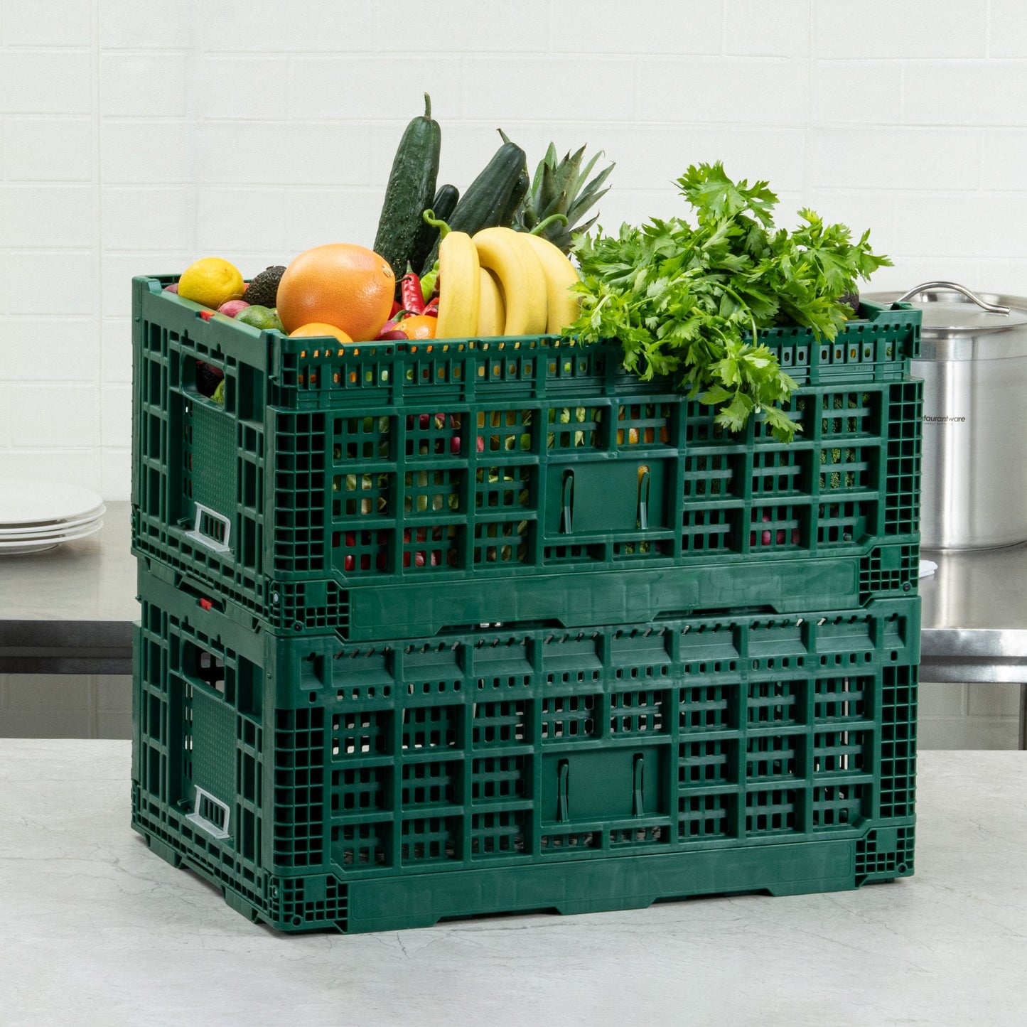 Cater Tek Rectangle Green Plastic 43L Collapsible Milk Crate - Stackable - 23 1/2" x 15 3/4" x 10 1/4" - 1 count box