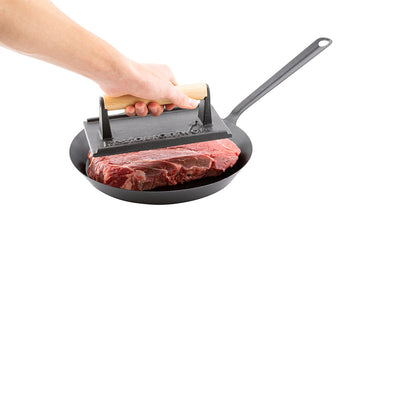 Met Lux Black Cast Iron Steak Weight - with Wooden Handle - 7 3/4" x 4" - 1 count box