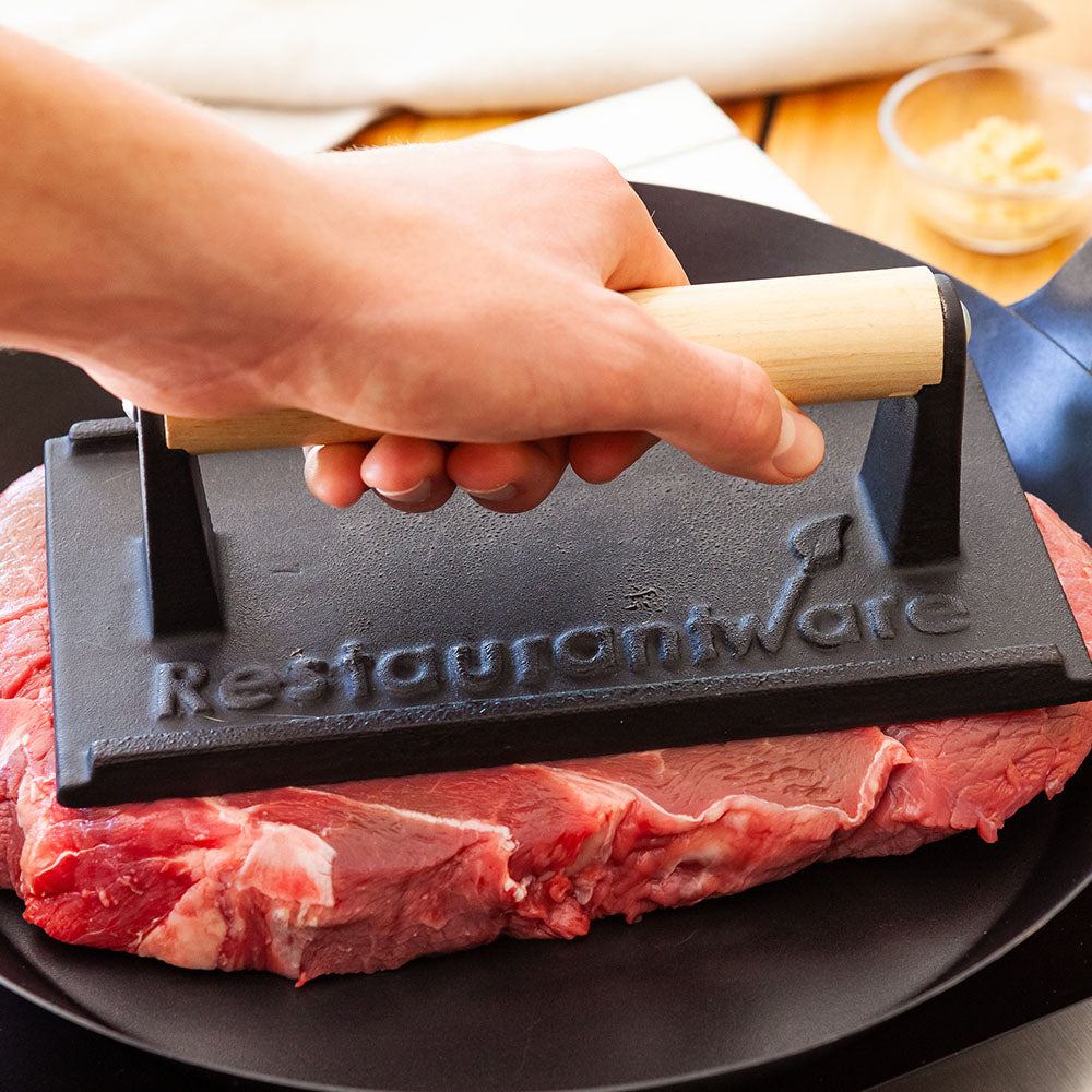 Met Lux Black Cast Iron Steak Weight - with Wooden Handle - 7 3/4" x 4" - 1 count box